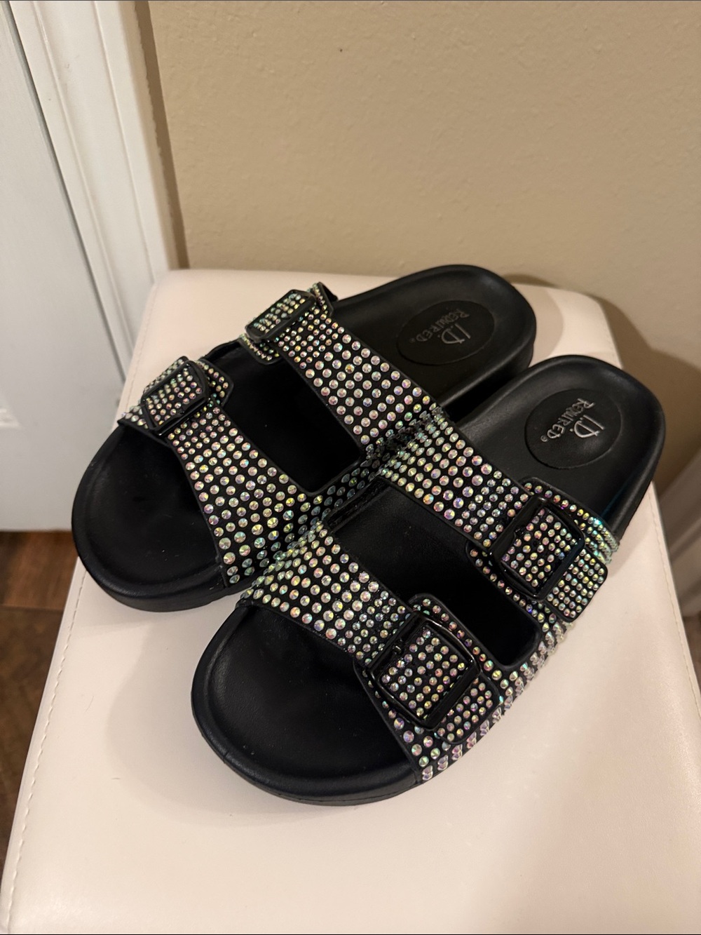 Iridescent Crystal-Embellished Black Slide Sandals